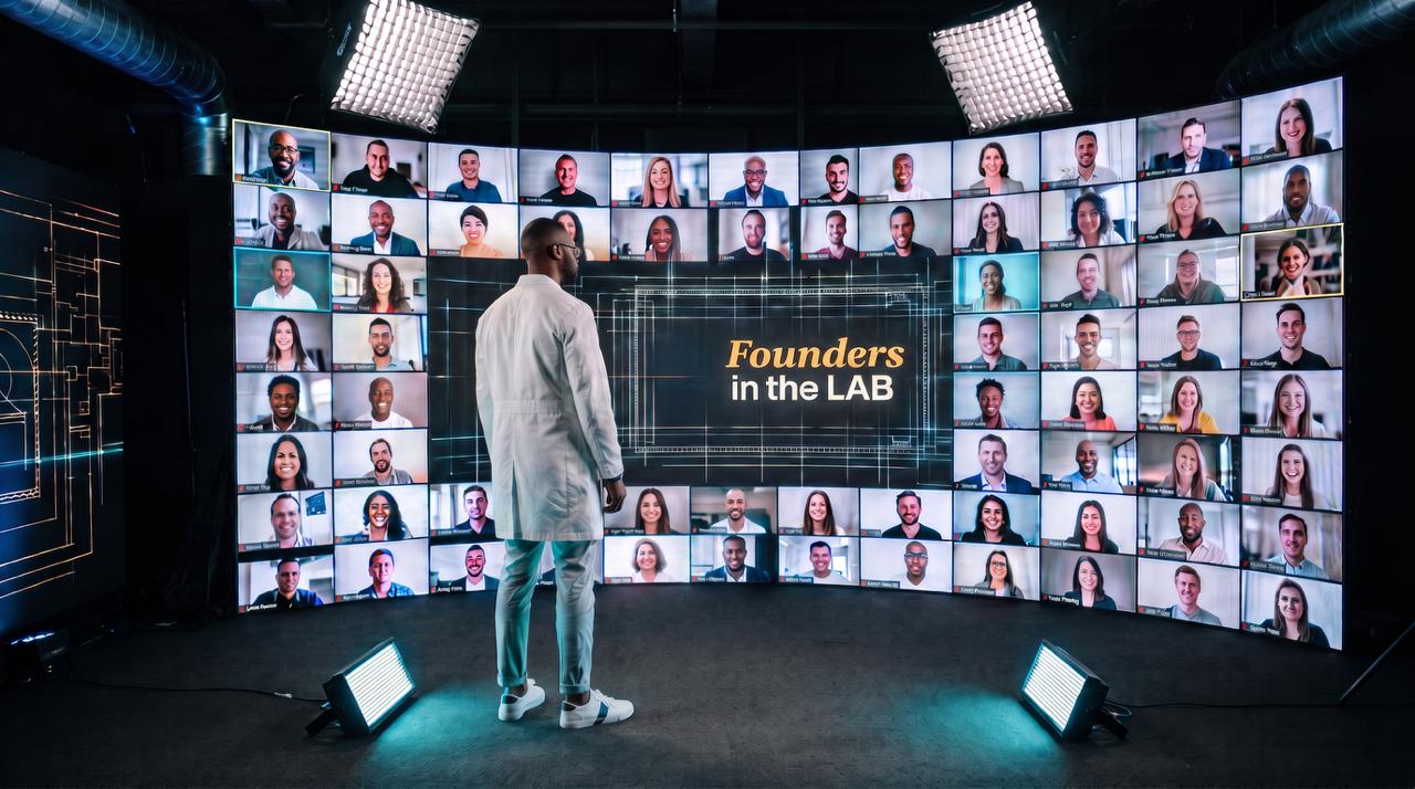 Ruben Kanya in the lab, facing a wall of screens showing Founders in the Lab